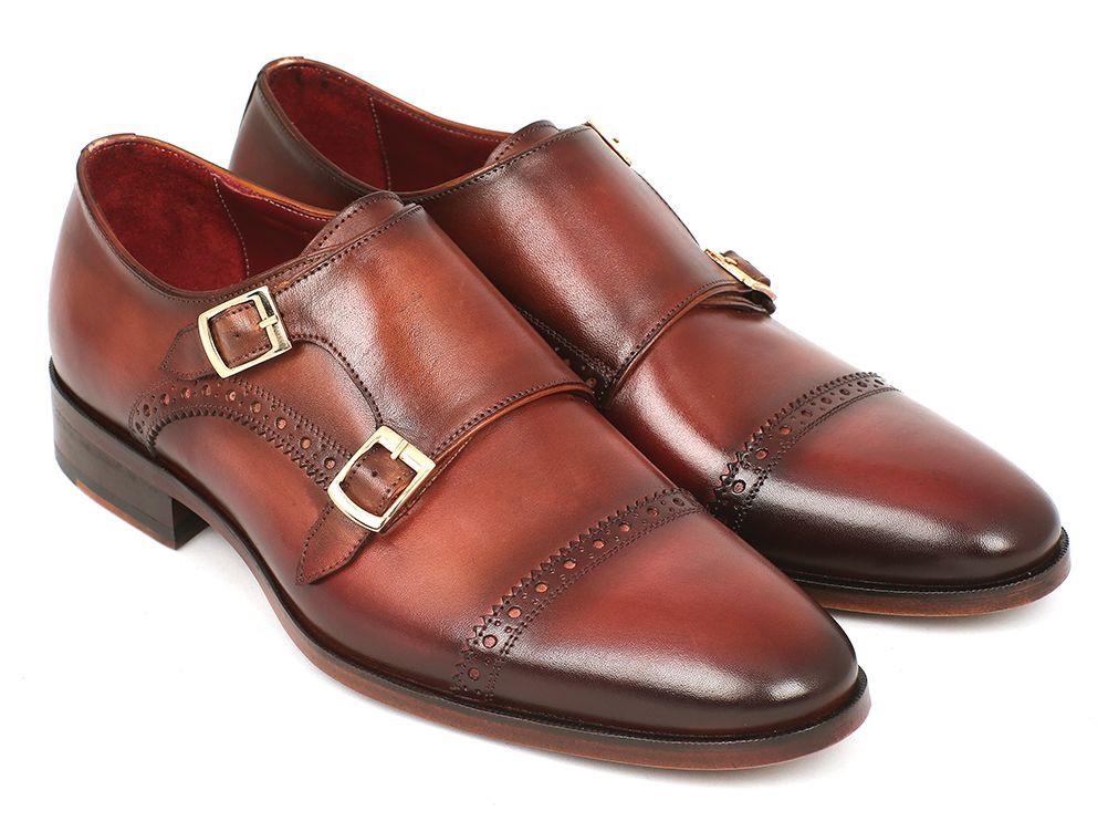 Paul Parkman ''0457-CML'' Camel / Light Brown Genuine Calfskin Cap Toe Monkstraps Shoes..